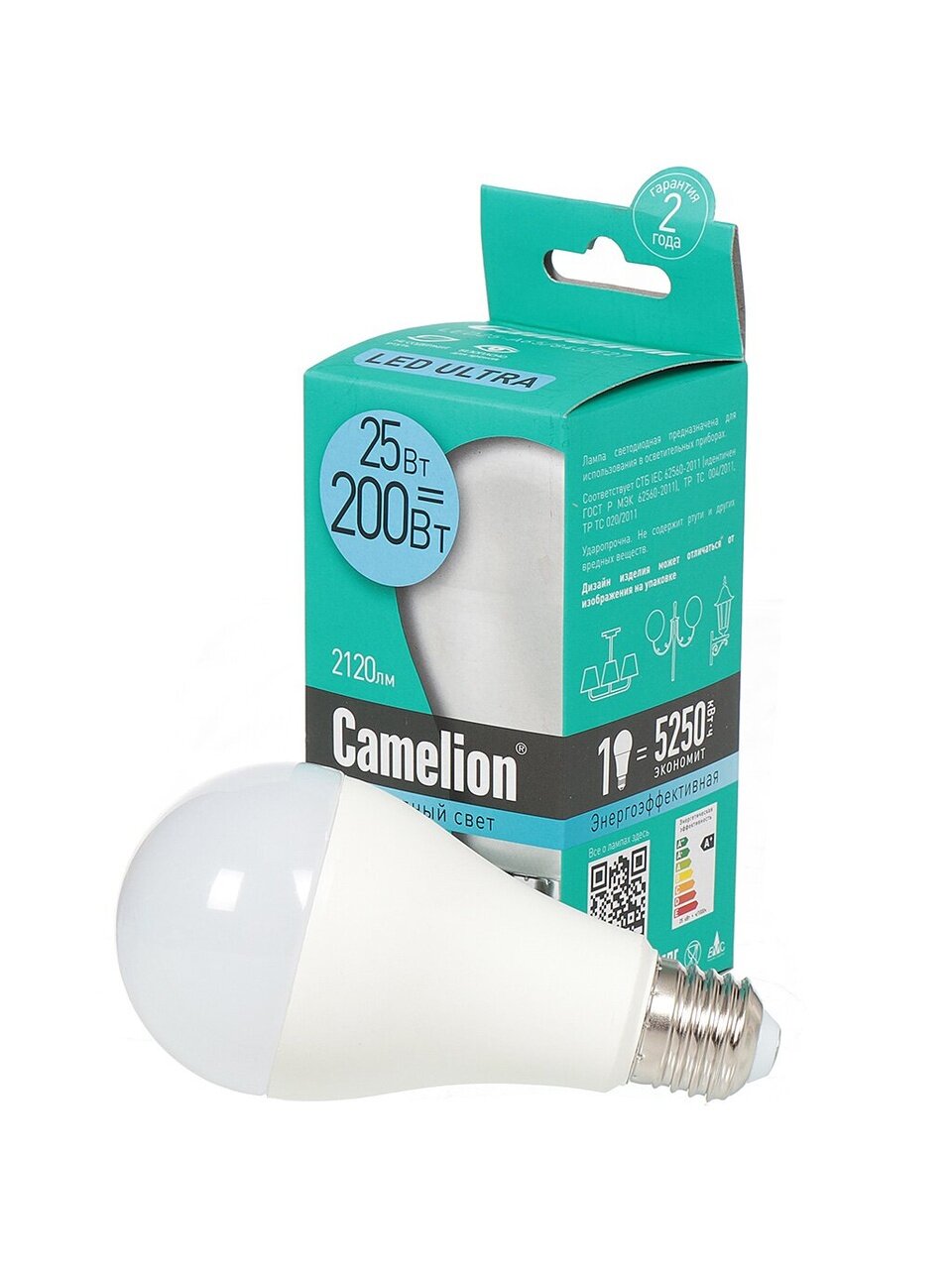 Лампа светодиодная E27, 25 Вт, 200 Вт, 220 В, груша, 4500 К, нейтральный белый свет, Camelion, 13572