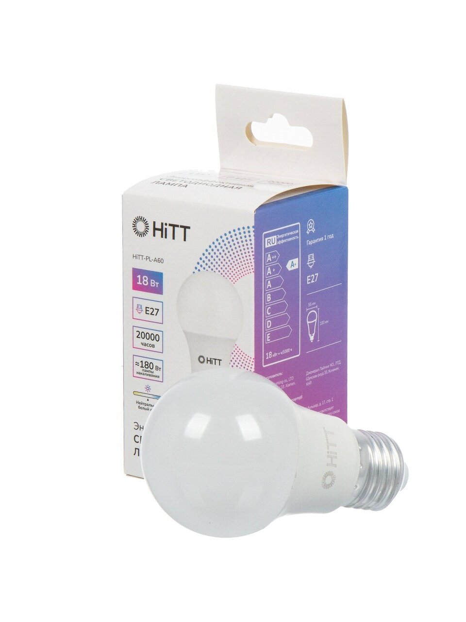 Лампа светодиодная E27, 18 Вт, 180 Вт, 220 В, груша, 3000 К, теплый белый свет, HiTT, HiTT-PL-A60, A60, 1010007