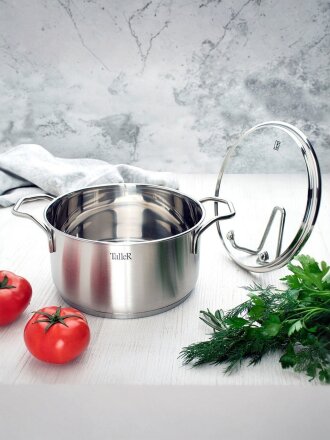 Кастрюля нержавеющая сталь, 5 л, крышка стекло, Taller, Инесс, TR-17258, индукция