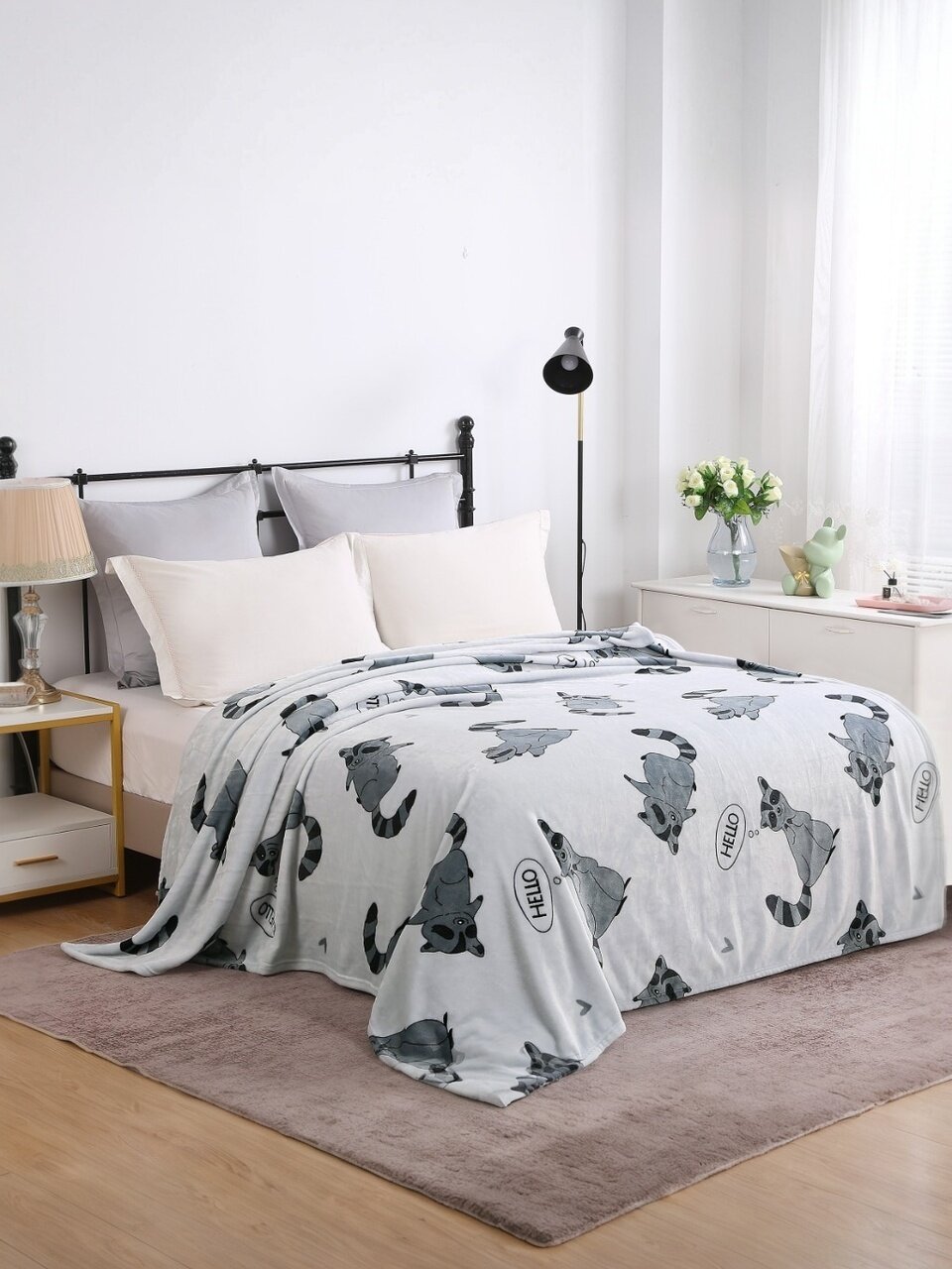 Плед 1.5-спальный, 150х200 см, велсофт жаккард, 100% полиэстер, Silvano, Животные Енот, серый, 150/202-CLF/LA