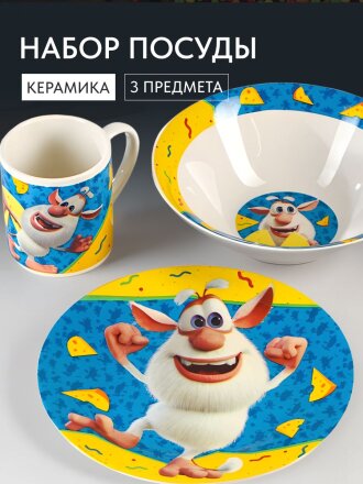 Набор детской посуды керамика, 3 шт, Буба, кружка 240 мл, салатник 18 см, тарелка 19 см, подар упак, BBS3-1