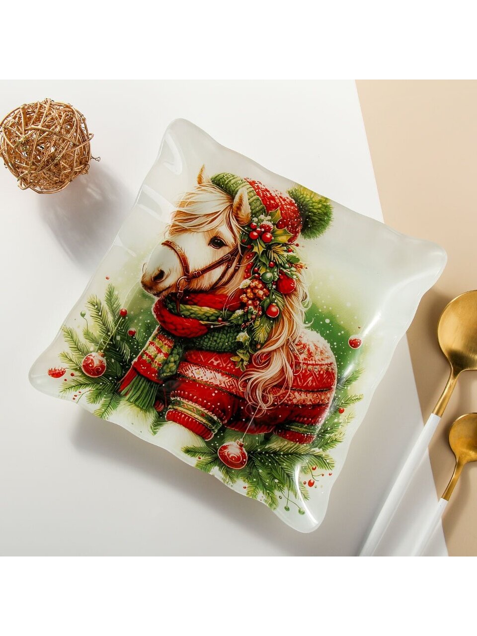 Тарелка обеденная, стекло, 23х23 см, квадратная, Символ года 2026 Пони, Daniks