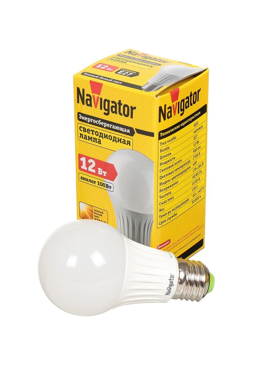 Лампа светодиодная E27, 12 Вт, 100 Вт, 220 В, груша, 2700 К, теплый белый свет, Navigator, 71296