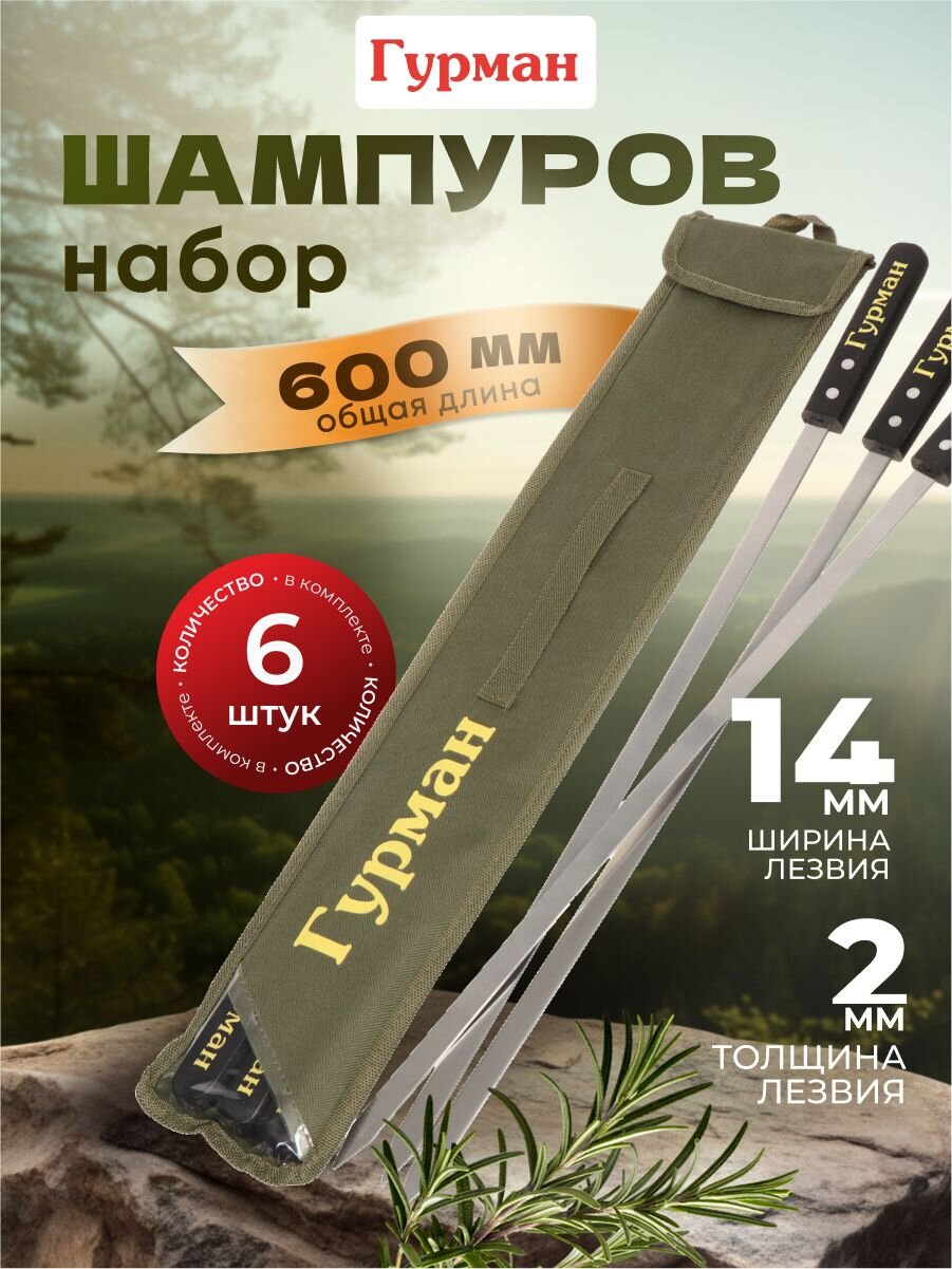 Шампур лезвие плоское, 6 шт, 600х14х2 мм, нержавеющая сталь, рукоятка дерево, Гурман, Люкс, в чехле, 23004-newblk