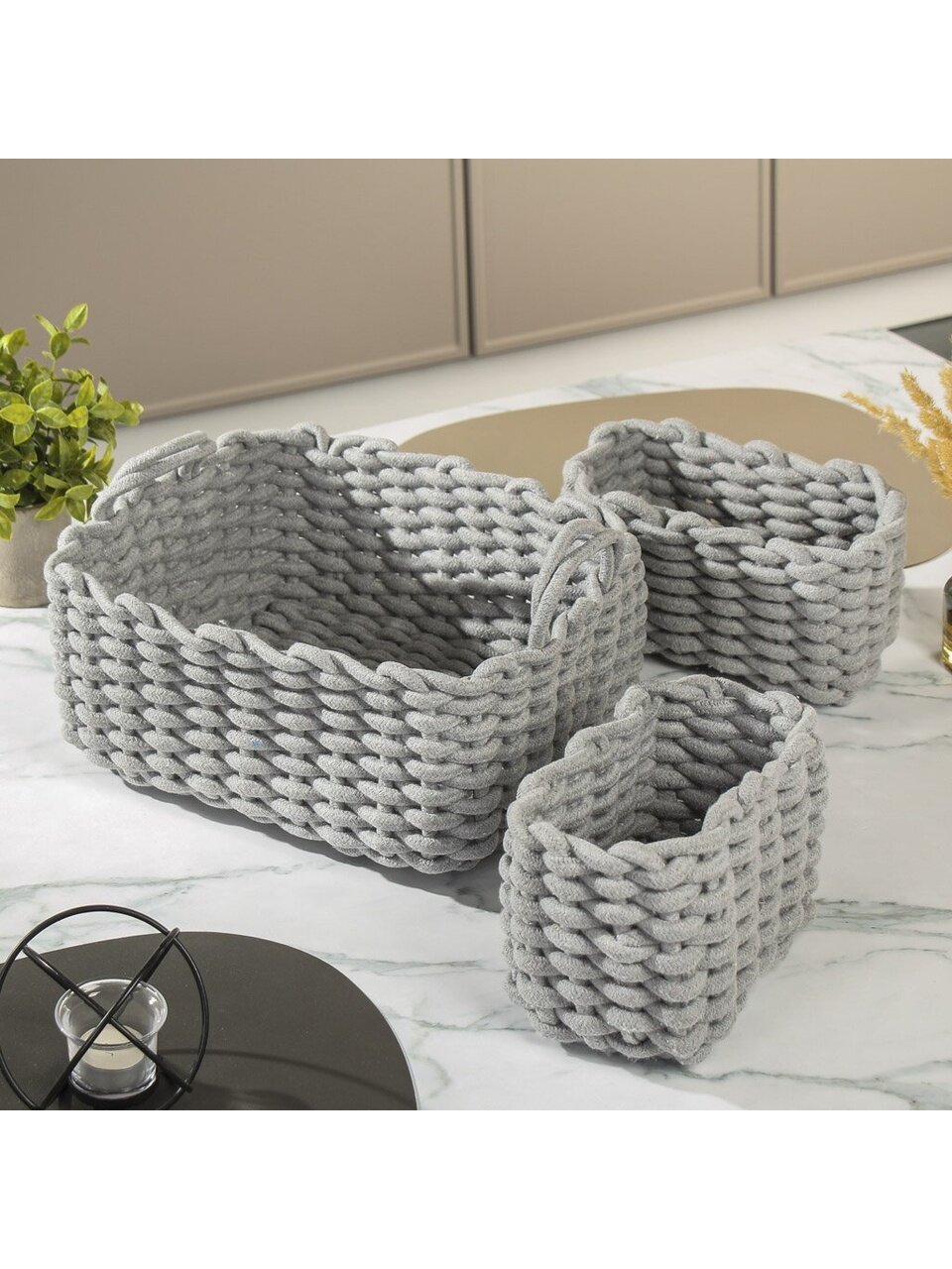 Набор плетеных корзин 3 шт, прямоугольный, плетеный, хлопок, серый, 34х28х15см, 21х14х13см, МП, Y4-8937