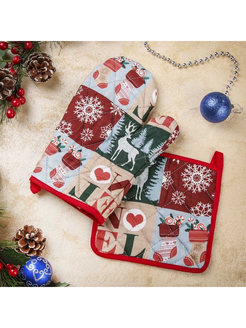 Набор кухонный 2 шт, 26х18см + 18х18 см (варежка, прихватка), 100% хлопок, Новогодняя гирлянда