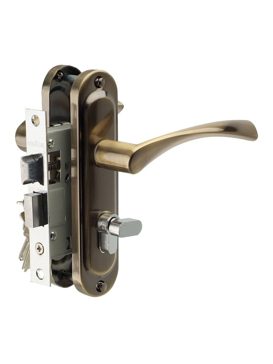 Замок врезной Vrata, 50/76-ЦМВ70, 210272, ручка в комплекте, цилиндровый, защелка, бронза