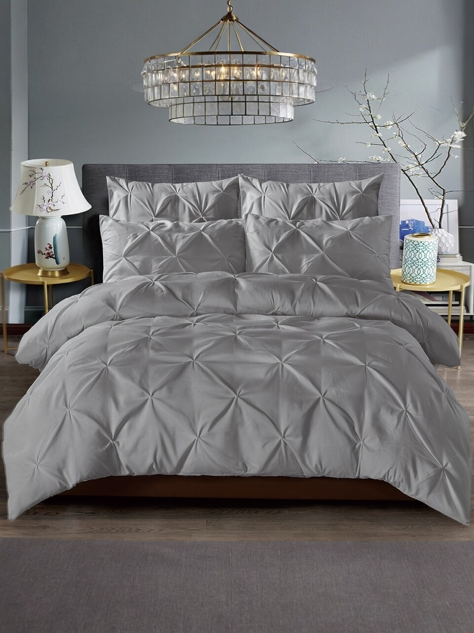 Постельное белье 2-спальное, простыня 180х200 см, 2 наволочки 70х70 см, 2 наволочки 50х70 см, пододеяльник 180х215 см, простыня на резинке, Cleo, микросатин, серое, коллекция Casa Mare, 21/022-CM