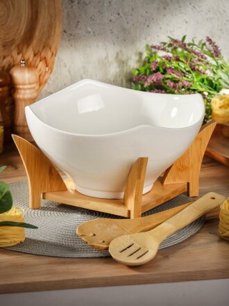 Салатник керамика, квадратный, 26х13 см, 2.85 л, 4 предмета, на бамбуковой подставке, Y4-6283