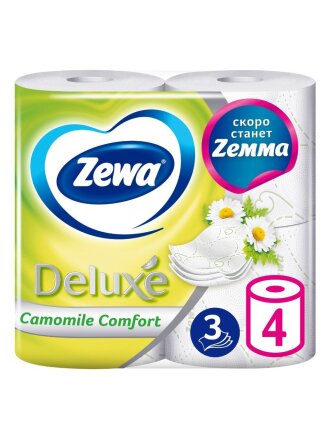Туалетная бумага Zewa, Deluxe Ромашка, 3 слоя, 4 шт, 17 м, с втулкой, белая