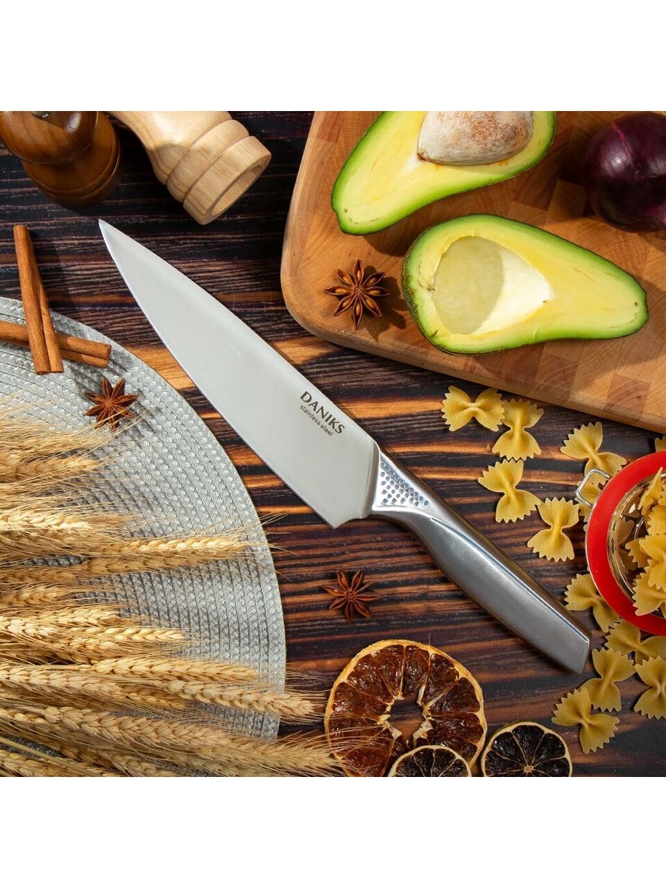 Нож кухонный Daniks, Ocean, шеф-нож, нержавеющая сталь, 20 см, рукоятка нержавеющая сталь, YW-A429B-CH