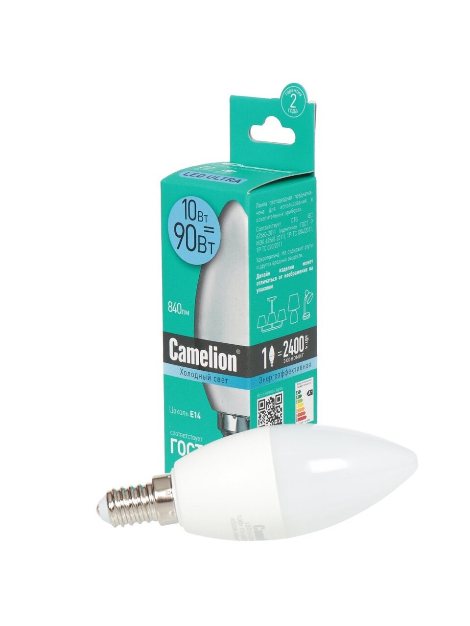 Лампа светодиодная E14, 10 Вт, 90 Вт, 220 В, свеча, 4500 К, нейтральный белый свет, Camelion, 13561