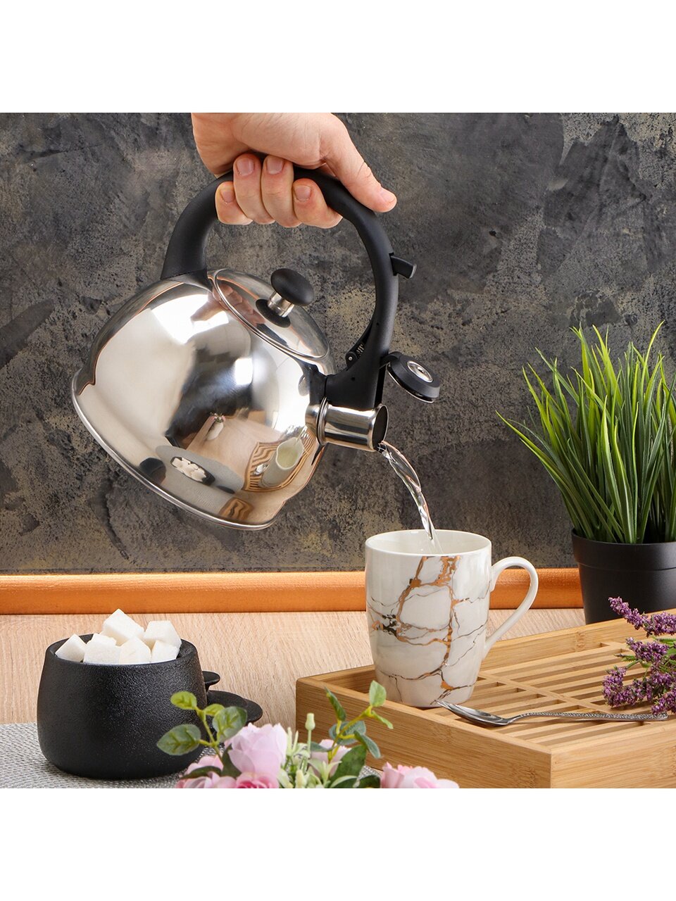 Чайник нержавеющая сталь, 2 л, со свистком, зеркальный, ручка бакелитовая, с силиконовым покрытием, Daniks, Классика, индукция, M-081