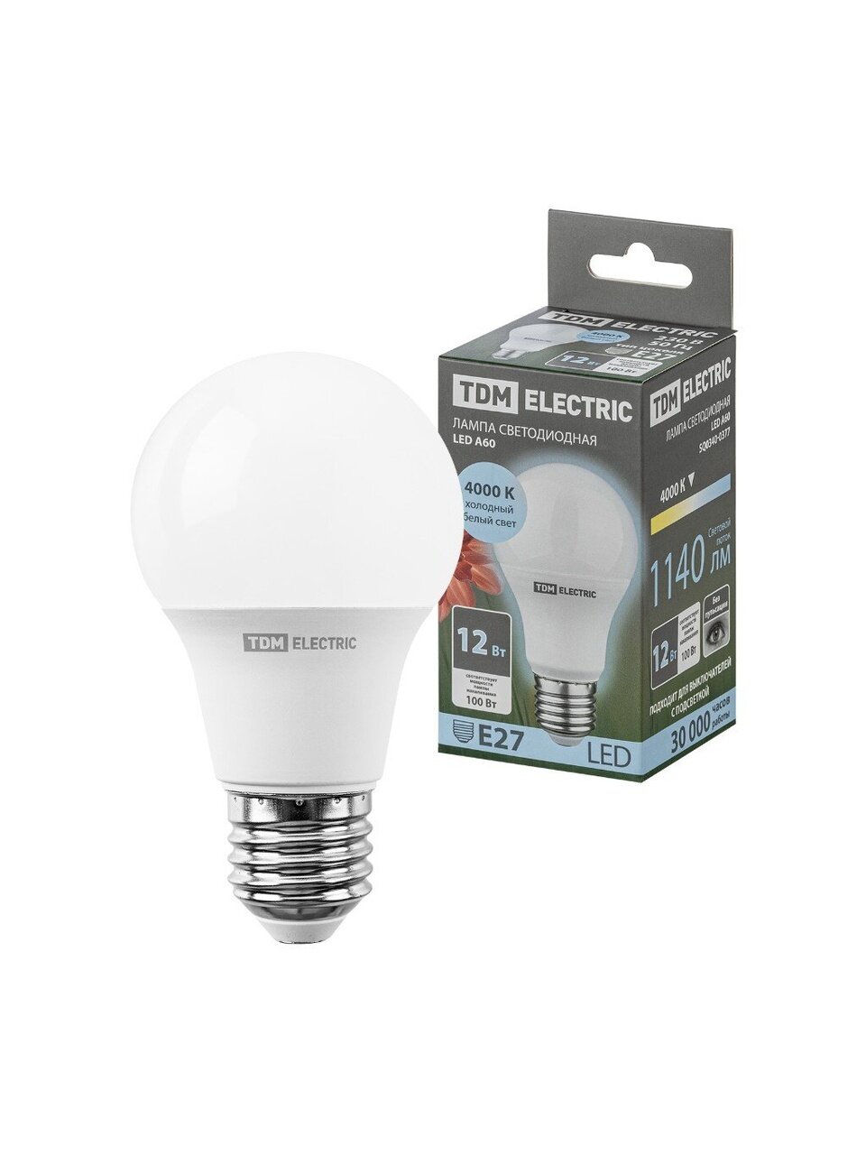 Лампа светодиодная E27, 12 Вт, 100 Вт, 230 В, груша, 4000 К, нейтральный белый свет, TDM Electric, А60