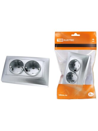 Розетка скрытой установки скрытой установки, 2 гнезда, с заземлением, 16 А, с защитными шторками, пластик, IP20, серебряный металлик, TDM Electric, Лама, SQ1815-0213