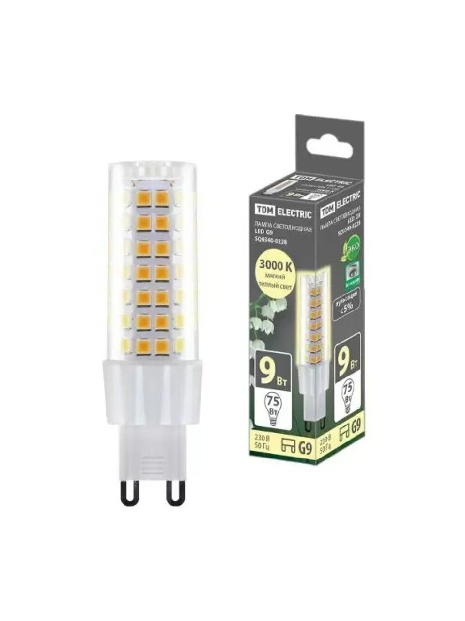 Лампа светодиодная G9, 9 Вт, 75 Вт, 230 В, капсула, 3000 К, теплый белый свет, TDM Electric, SQ0340-0228