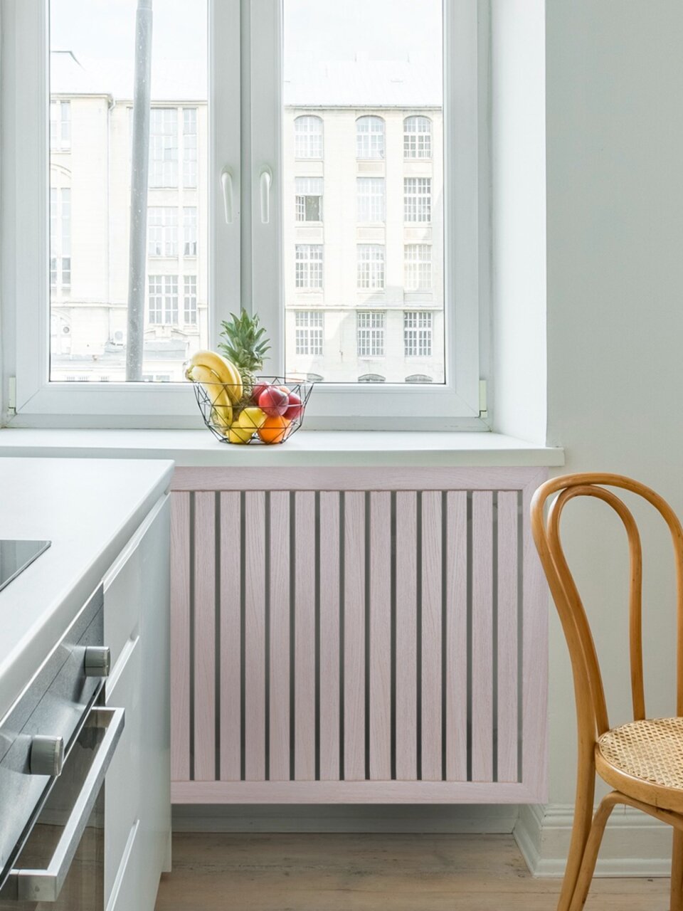 Экран для радиатора, МДФ, 900х600 мм, ясень светлый, реечный, Стильный Дом