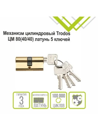 Личинка замка двери Trodos, ЦМ, 209200, 80 мм, золото, блистер, 5 ключей