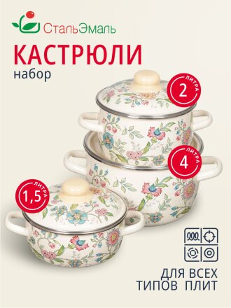 Набор посуды эмалированная сталь, 6 предметов, кастрюли 1.5,2,4 л, индукция, СтальЭмаль, Луговые цветы, 3КА071М
