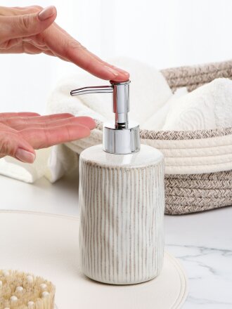 Дозатор для жидкого мыла, керамика, 7.3х7.3х17.5 см, бежевая полоса, Y4-9844