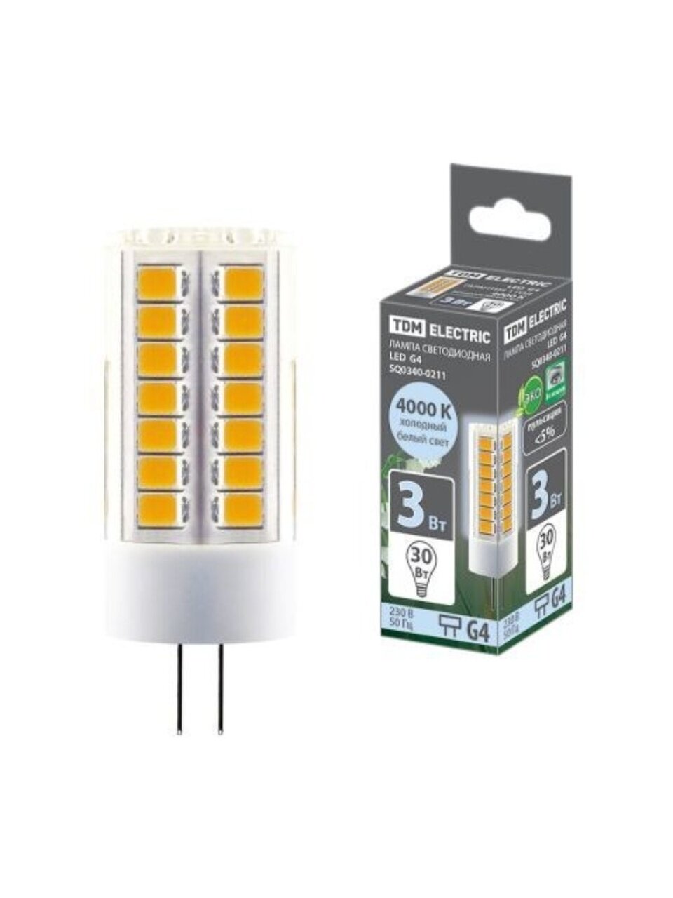 Лампа светодиодная G4, 3 Вт, 30 Вт, 230 В, капсула, 4000 К, нейтральный белый свет, TDM Electric, SQ0340-0211