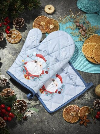 Набор кухонный 2 шт, 18х26 см + 18х18 см (варежка, прихватка), 100% хлопок, Дед Мороз