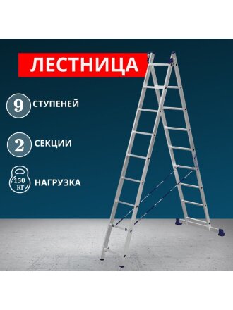 Лестница 2 секции, 9 ступеней, алюминий, 4.2 м, 150 кг, Alumet, H2 5209