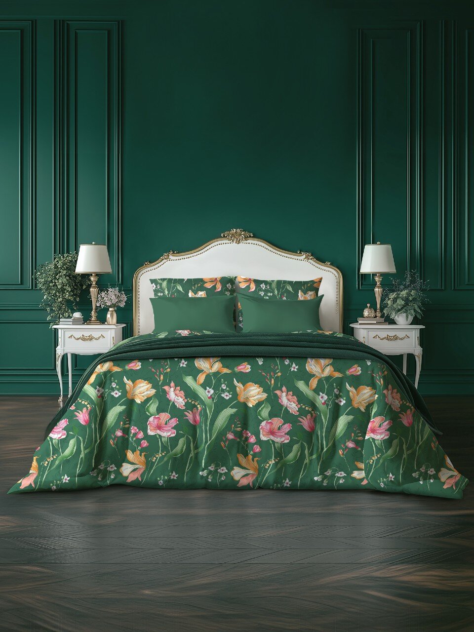 Постельное белье евро, простыня 220х240 см, 2 наволочки 70х70 см, 2 наволочки 50х70 см, пододеяльник 200х220 см, Verossa, сатин, молния, Wild tulip