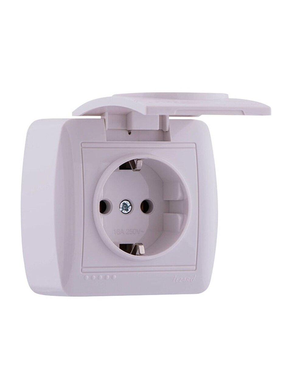 Розетка открытой установки, 1 гнездо, с заземлением, пластик, белая, с крышкой, Lezard, Demet, 711-0200-123