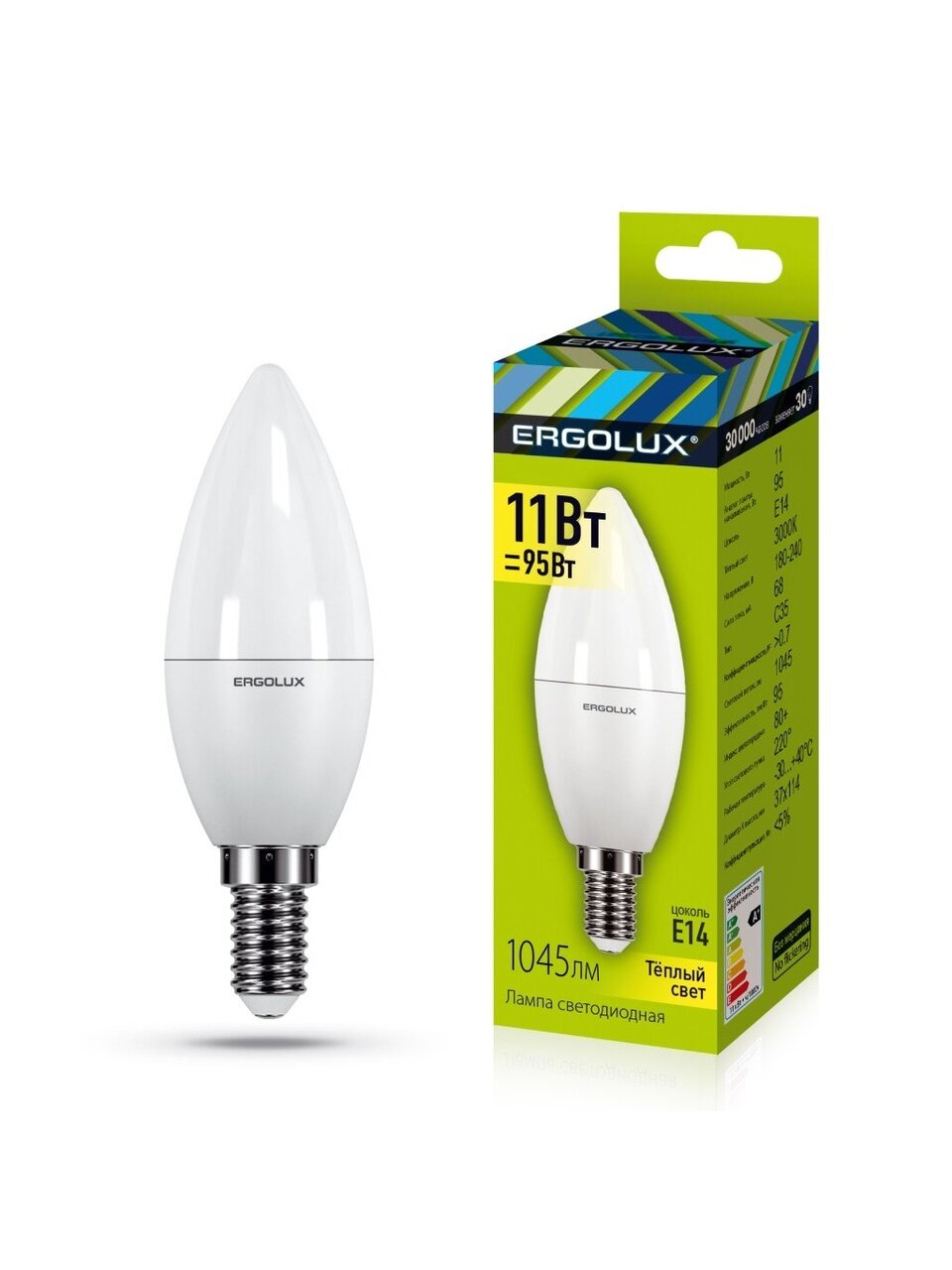 Лампа светодиодная E14, 11 Вт, 95 Вт, свеча, 3000 К, теплый белый свет, Ergolux, 13618