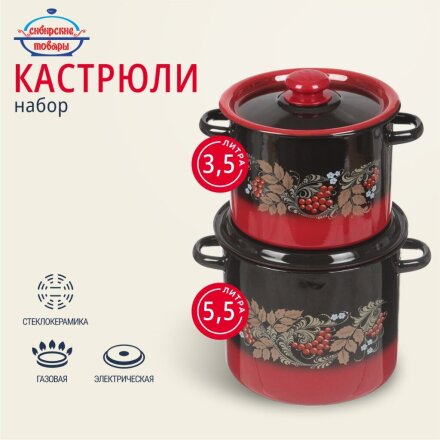 Набор посуды эмалированная сталь, 4 предмета, кастрюли 3.5,5.5 л, Сибирские товары, Рябинка 20, N20L05