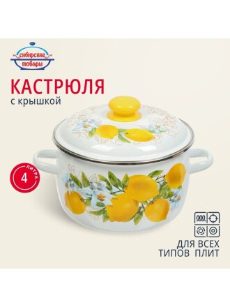 Кастрюля эмалированная сталь, 4 л, крышка сталь, сферический, Сибирские товары, Лимоны, 3MC201P, индукция