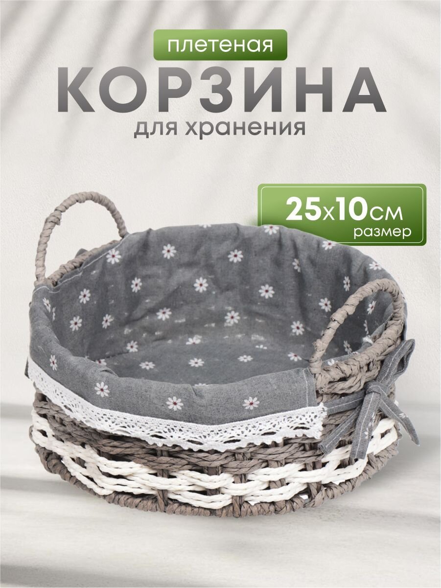 Корзина 25х10 см, круглая, плетеная, с металлическим каркасом и текстильной вставкой, с ручками, Y028-2