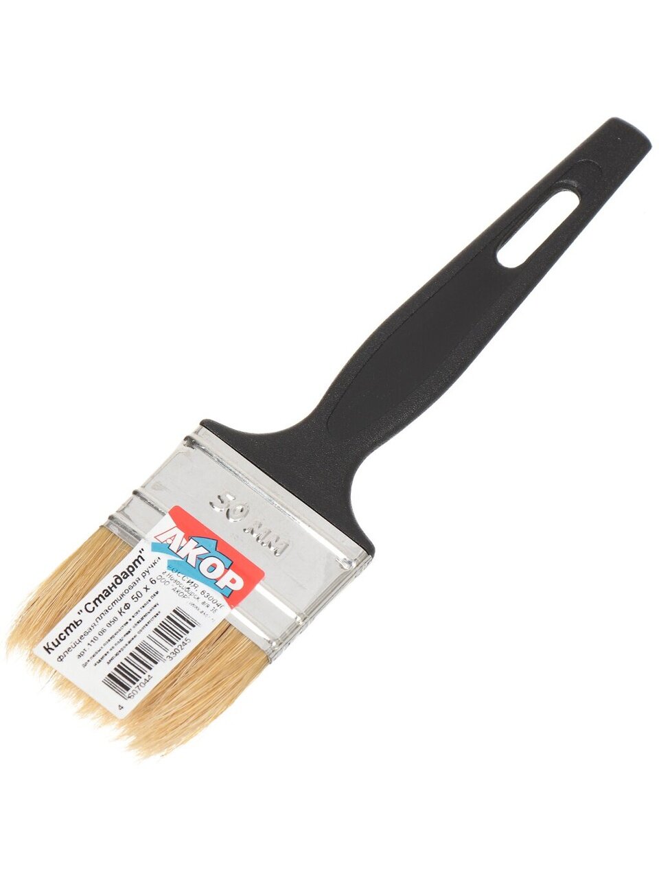 Кисть плоская, Акор, Стандарт, 6х50 мм, натуральная щетина, рукоятка пластик, 110 06 050