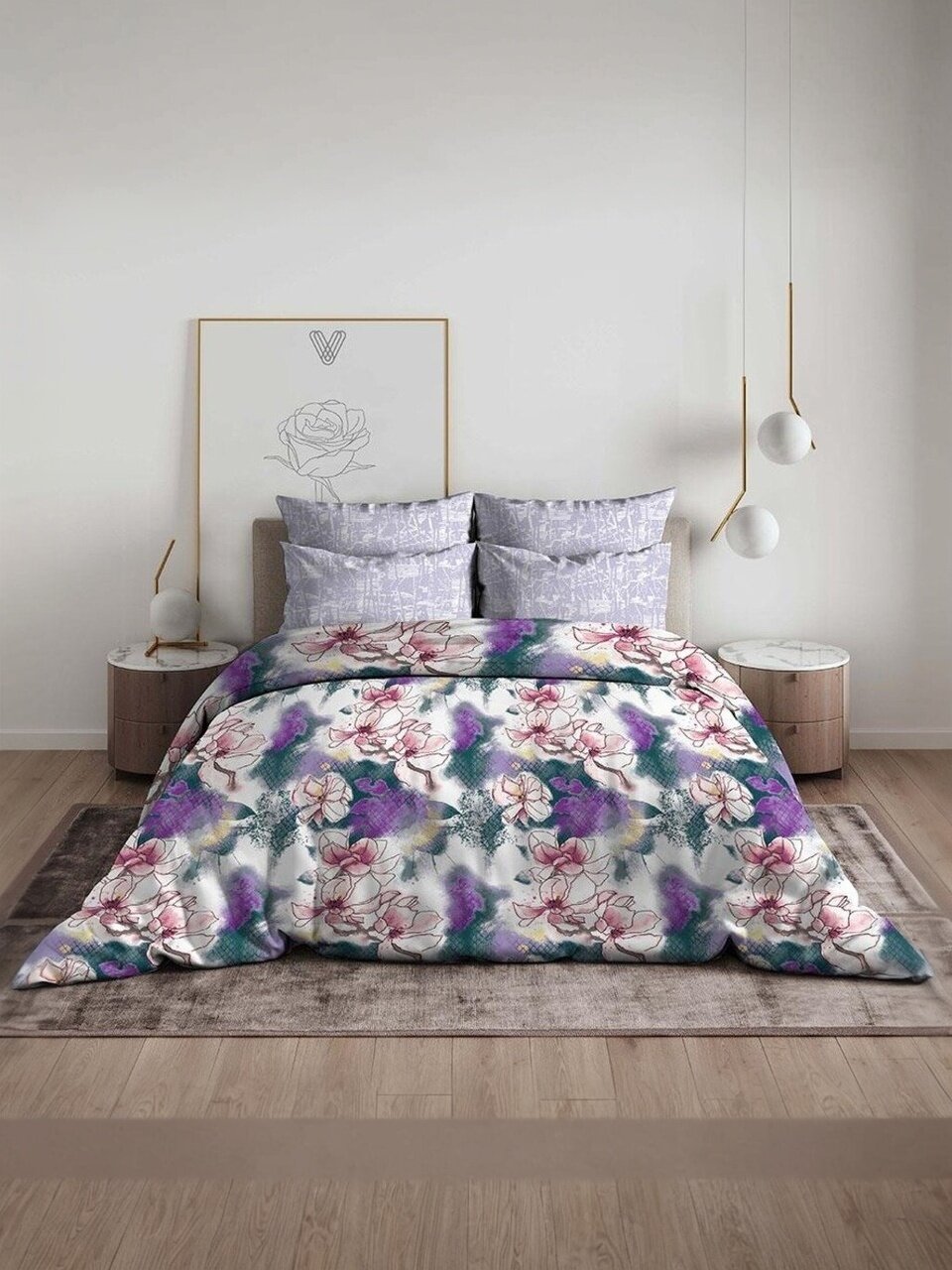 Постельное белье 1.5-спальное, простыня 150х214 см, 2 наволочки 70х70 см, пододеяльник 145х215 см, Василиса, бязь, Океан цветов 9563/1