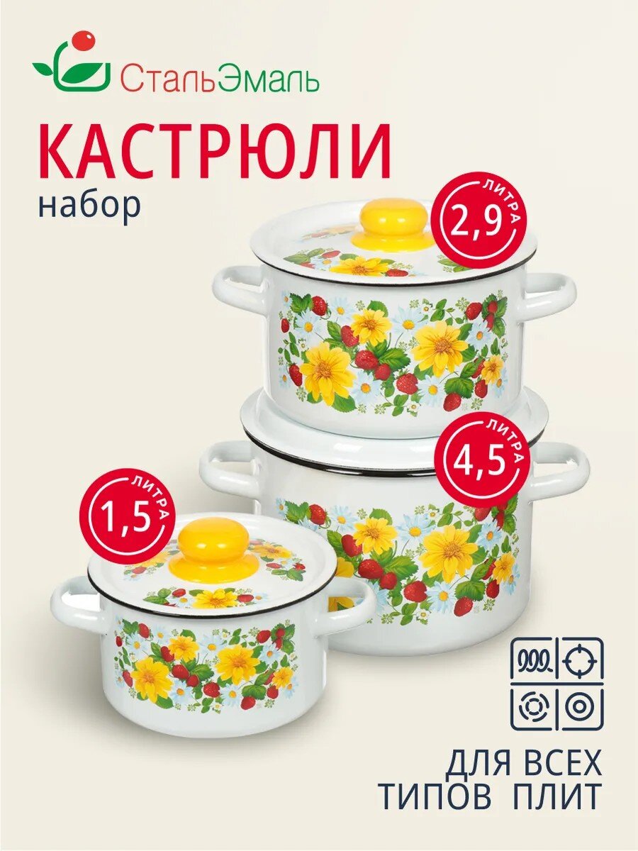 Набор посуды эмалированная сталь, 3 предмета, кастрюли 1.5,2.9,4.5 л, индукция, СтальЭмаль, Земляника, 1с144