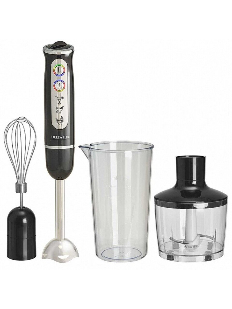 Блендер погружной 800 Вт, 2 скорости, турбо режим, стакан, венчик, измельчитель, Delta, DL-7039B, черный