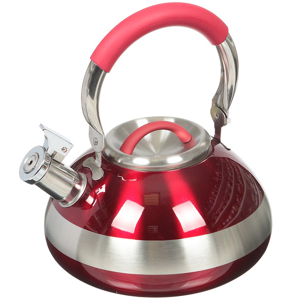 Чайник нержавеющая сталь, 3 л, со свистком, зеркальный, ручка с силиконовым покрытием, Daniks, индукция, красный, фиолетовый, MSY-A009