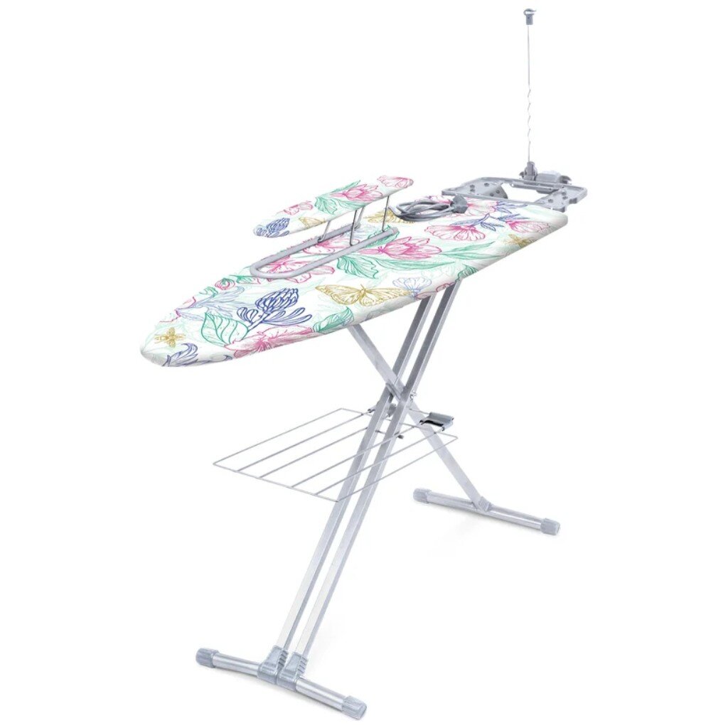 Доска гладильная 120х40 см, Цветочная акварель, подставка для утюга, гладильный рукав, встроенная розетка, полка для белья, удлинитель 1.9 м, Nika, Н9