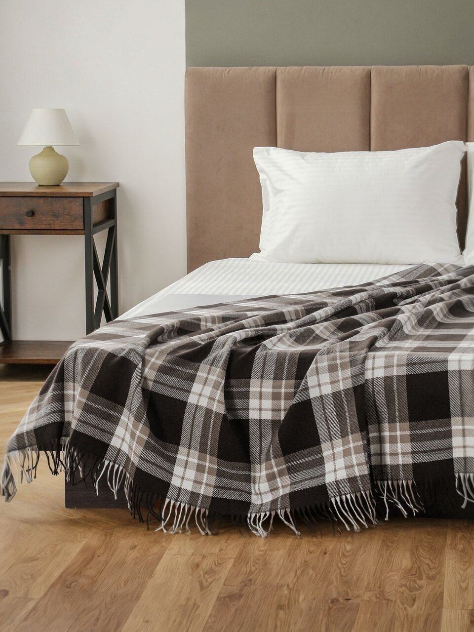 Плед 1.5-спальный, 150х200 см, 15% шерсть, 5% хлопок, 60% полиэстер, 20% ПАН, Vladi, Элис, белый, серый, светло-коричневый, рап.4