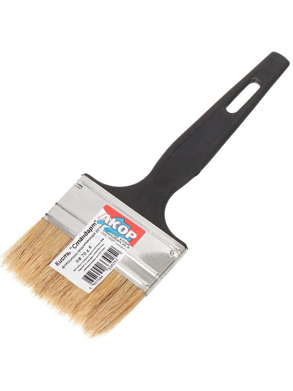 Кисть плоская, Акор, Стандарт, 6х70 мм, натуральная щетина, рукоятка пластик, 110 06 070