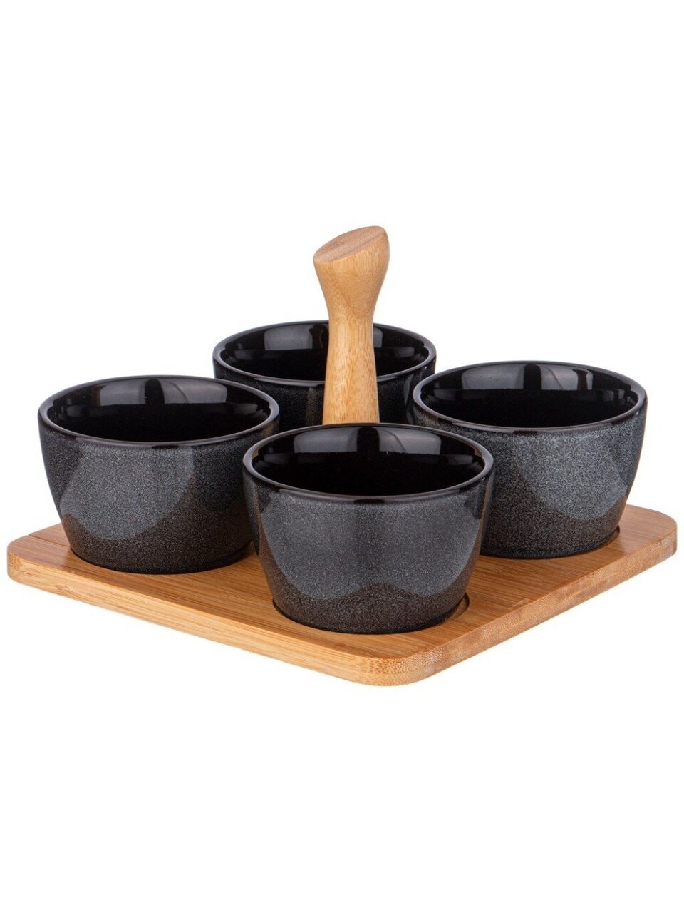 Соусник фарфор, Lefard, Graphite, 175 мл, 19х6.5 см, с ручкой, 4 шт, деревянная подставка, 474-240