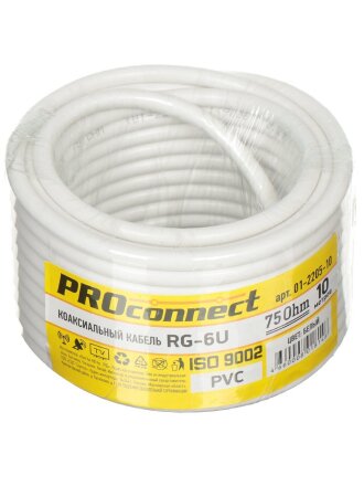 Кабель телевизионный коаксиальный, 1х0.9 мм², 10 м, RG-6U, (48%), 75 Ом, белый, PROconnect, 01-2205-10