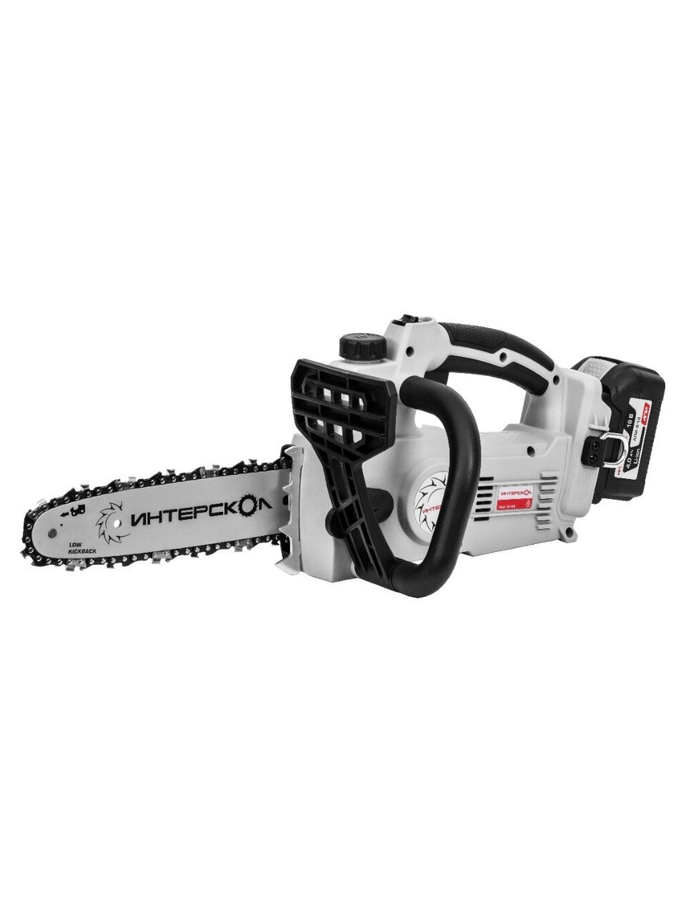 Пила цепная аккумуляторная, Интерскол, шаг цепи 3/8 дюйм, 40 звеньев, ПЦА-10/18В, Li-ion, 4 А.ч, зубчатый упор