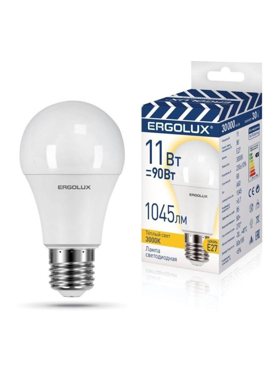 Лампа светодиодная E27, 11 Вт, 90 Вт, груша, 3000 К, теплый белый свет, Ergolux, 14458