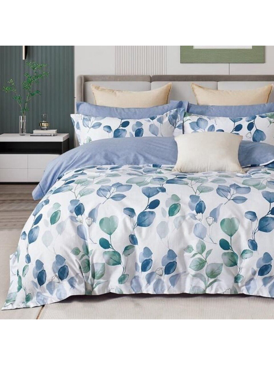 Постельное белье 1.5-спальное, простыня 150х220 см, 2 наволочки 70х70 см, пододеяльник 145х215 см, CL Home, поплин, коллекция Pure Cotton, Листья 15/303-PCE