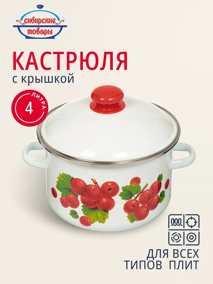 Кастрюля эмалированная сталь, 4 л, крышка сталь, цилиндрическая, Сибирские товары, Калина красная, 1MD201M, индукция