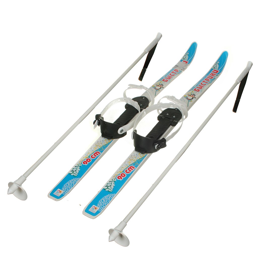 Лыжи для детей, 90 см, с палками, 90 см, универсальное крепление, в сетке, голубые