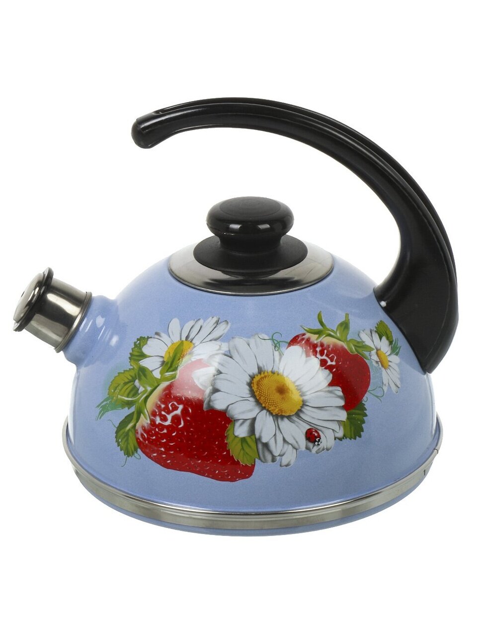 Чайник сталь, эмалированное покрытие, 2.5 л, со свистком, ручка консольная, Рубин, Клубника с ромашкой, синий туман, T04/25/08/05