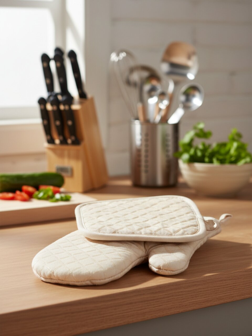 Набор кухонный 2 шт, варежка 30х17 см, прихватка 17.5х17.5 см, 100% полиэстер, бежевый, B180065